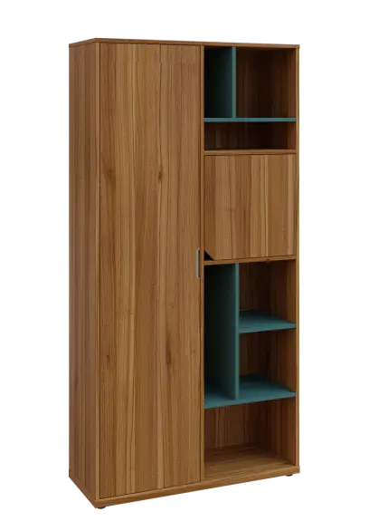 KSR6-83 L skříň šatní, 1x výsuvné ramínko, dvířka, niky, 2053x1022x400 mm, provedení levé, korpus a dvířka ořech světlý/police světle petrolejová